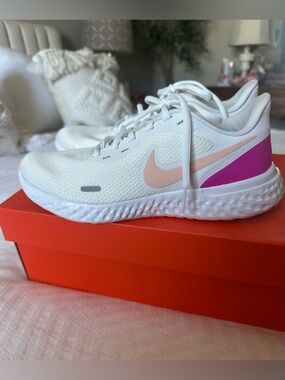 Nike Women’s Revolution 5  Sneakers with Pink Swoosh and Magenta Heel